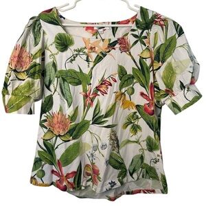 Chico's Green and White Floral Tropical Blouse